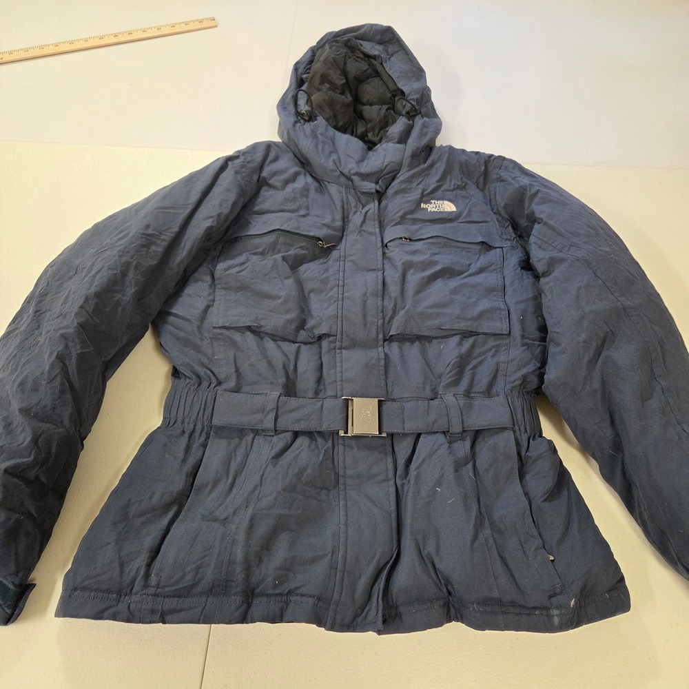 The North Face Womens Navy Blue Belted Goose Down Puffer Jacket Size Medium